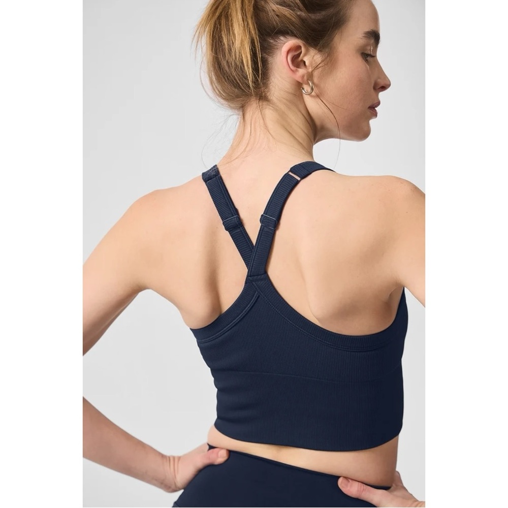 Alo Navy Blue Seamless Ribbed Favorite Bra Tank Top sz S
